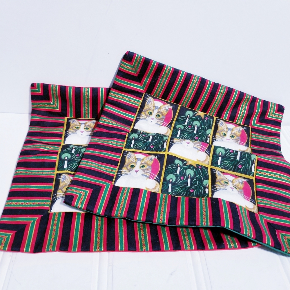 Cat Christmas Throw Pillow Cover Set Red Green Stripe Gold Holiday Decor
